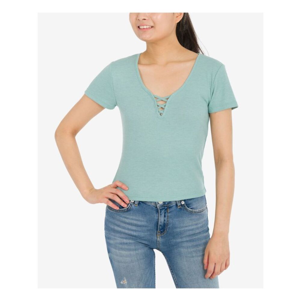 HIPPIE ROSE Womens T-Shirt Green Short Sleeve V Neck Criss-cross Juniors M